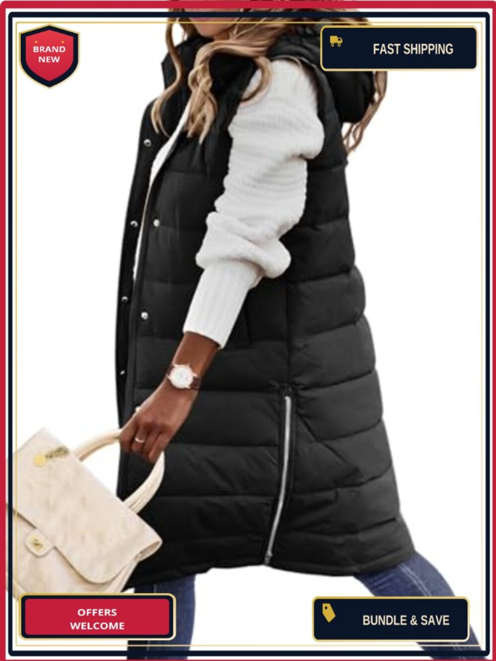 Long Quilted Sleeveless Puffer Vest with Hood, Winter Outdoor Layer